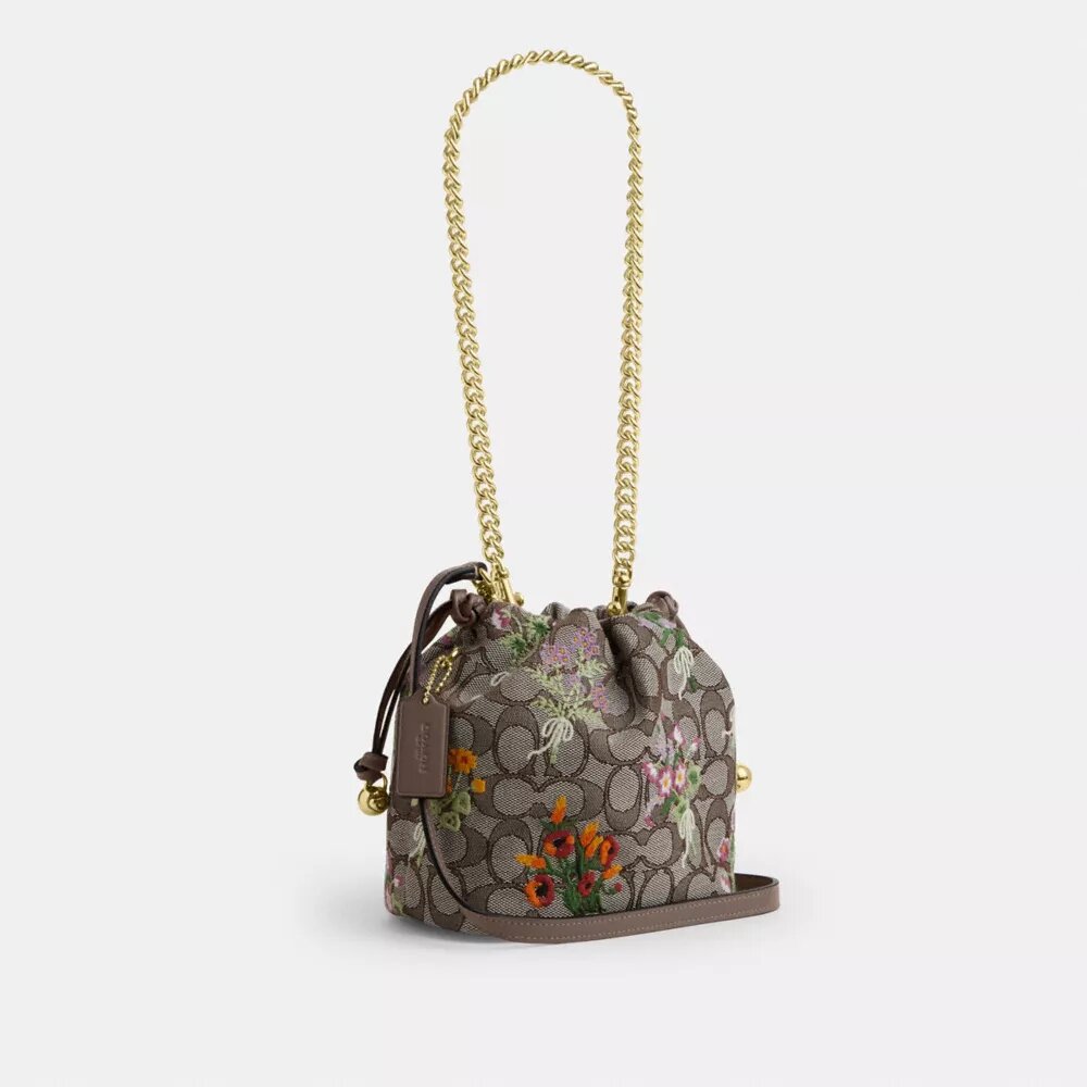Faye Mini-Kordelzugtasche aus charakteristischem Jacquard mit Blumenstickerei