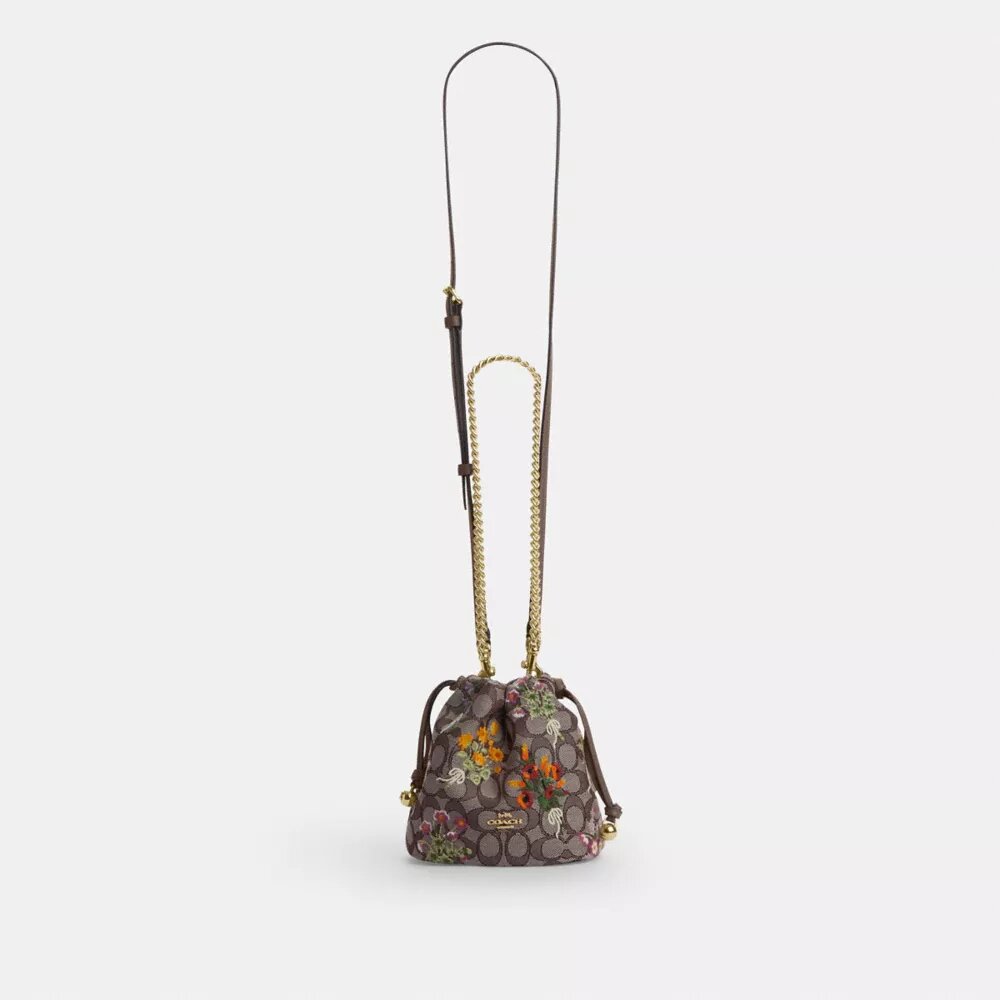 Faye Mini-Kordelzugtasche aus charakteristischem Jacquard mit Blumenstickerei