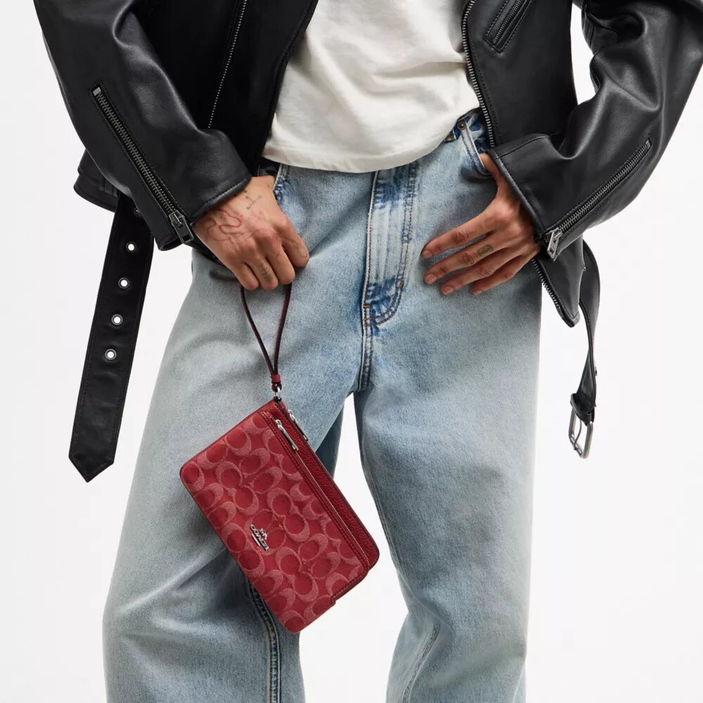 Geldbörse mit Doppelreißverschluss aus Signature-Denim