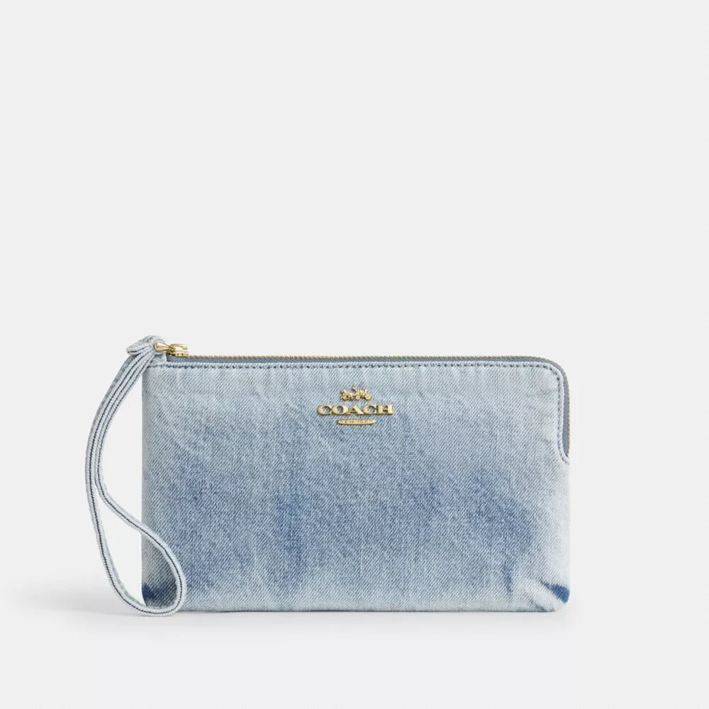 Große Handgelenktasche mit Reißverschluss an der Ecke in „Loved Denim“