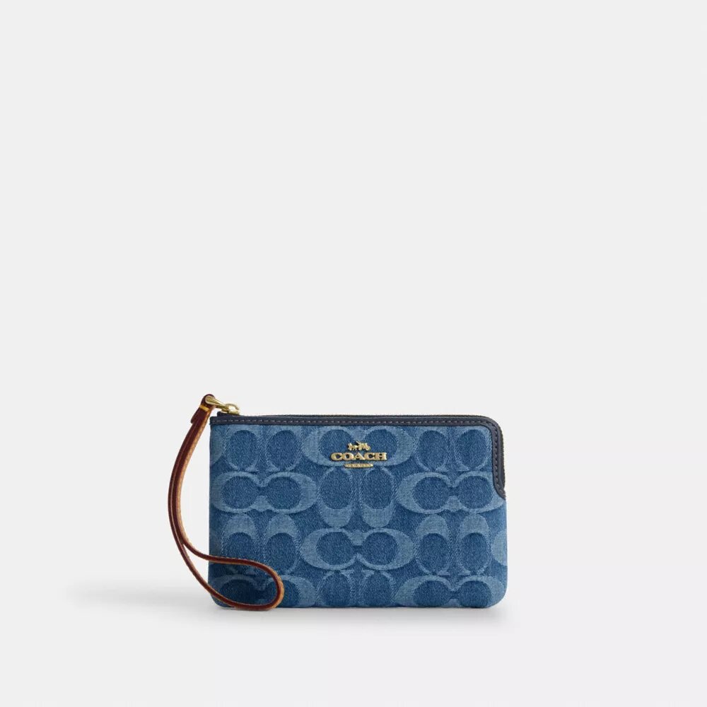 Handgelenktasche mit Reißverschluss an der Ecke aus charakteristischem Denim