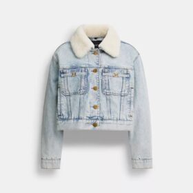 Kurze Heritage C Denim-Truckerjacke aus Bio-Baumwolle mit Lammfell-Kragen