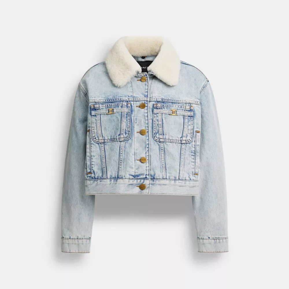 Kurze Heritage C Denim-Truckerjacke aus Bio-Baumwolle mit Lammfell-Kragen