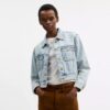 Kurze Heritage C Denim-Truckerjacke aus Bio-Baumwolle mit Lammfell-Kragen