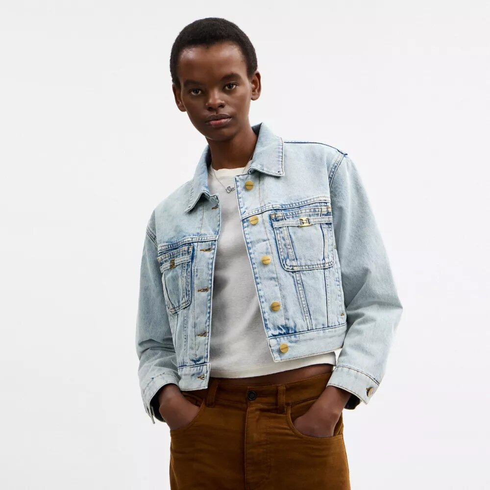Kurze Heritage C Denim-Truckerjacke aus Bio-Baumwolle mit Lammfell-Kragen