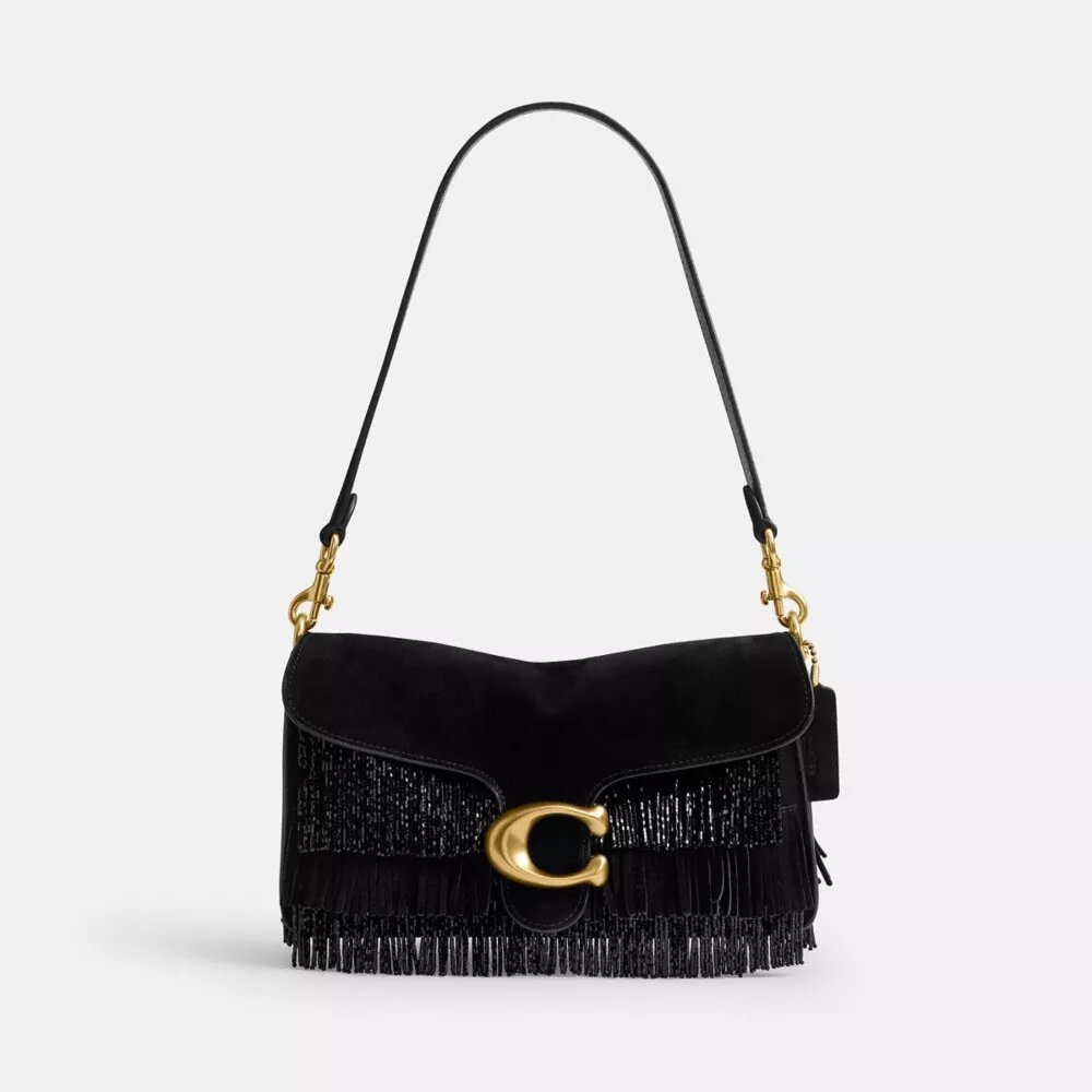Tabby-Schultertasche 26 mit Kristallperlen-Fransen