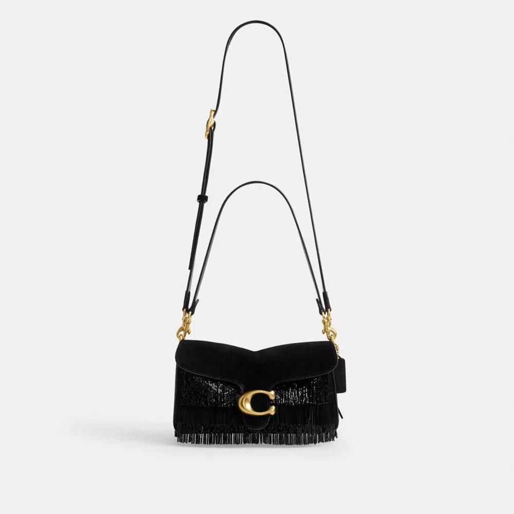 Tabby-Schultertasche 26 mit Kristallperlen-Fransen
